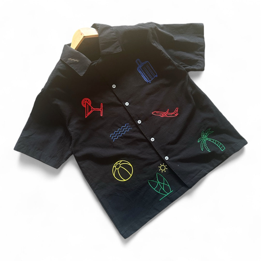 Black Asueto Crop Boxy Embroidered Linen Polo — MADE TO ORDER