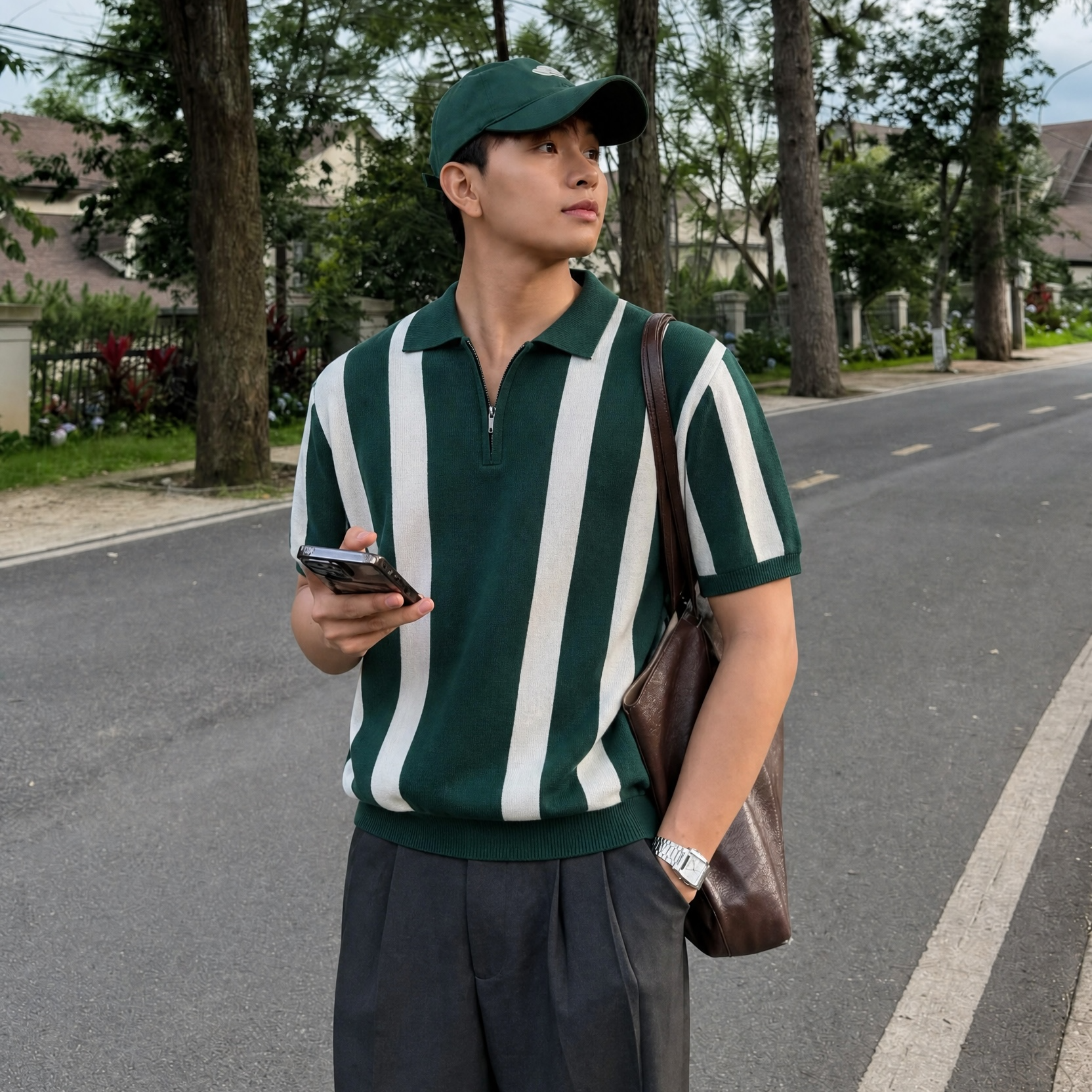 Luntian Knitted Quarter Zip Polo Shirt