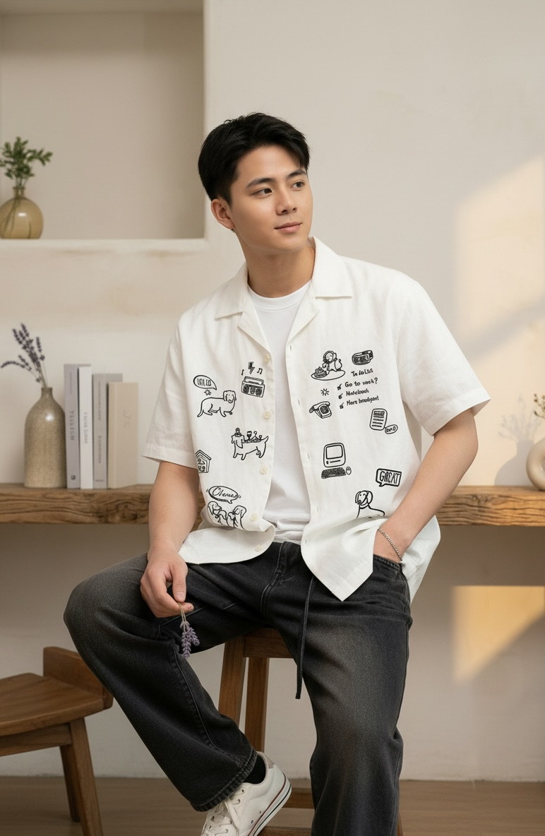 Bingo Embroidered Japanese Linen Polo
