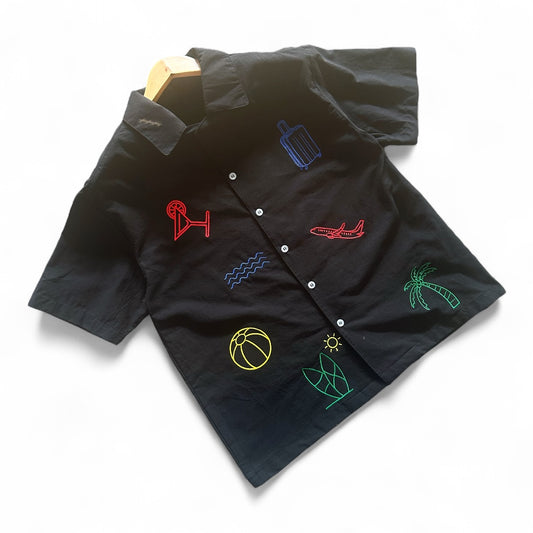 Black Asueto Crop Boxy Embroidered Linen Polo — MADE TO ORDER