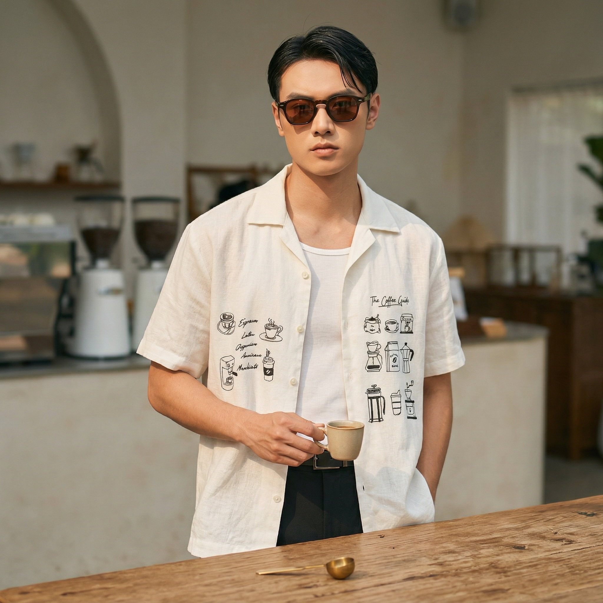 Caffeine Embroidered Japanese Linen Polo