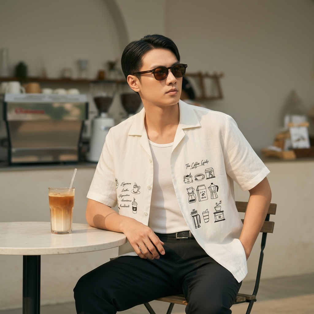 Caffeine Embroidered Japanese Linen Polo